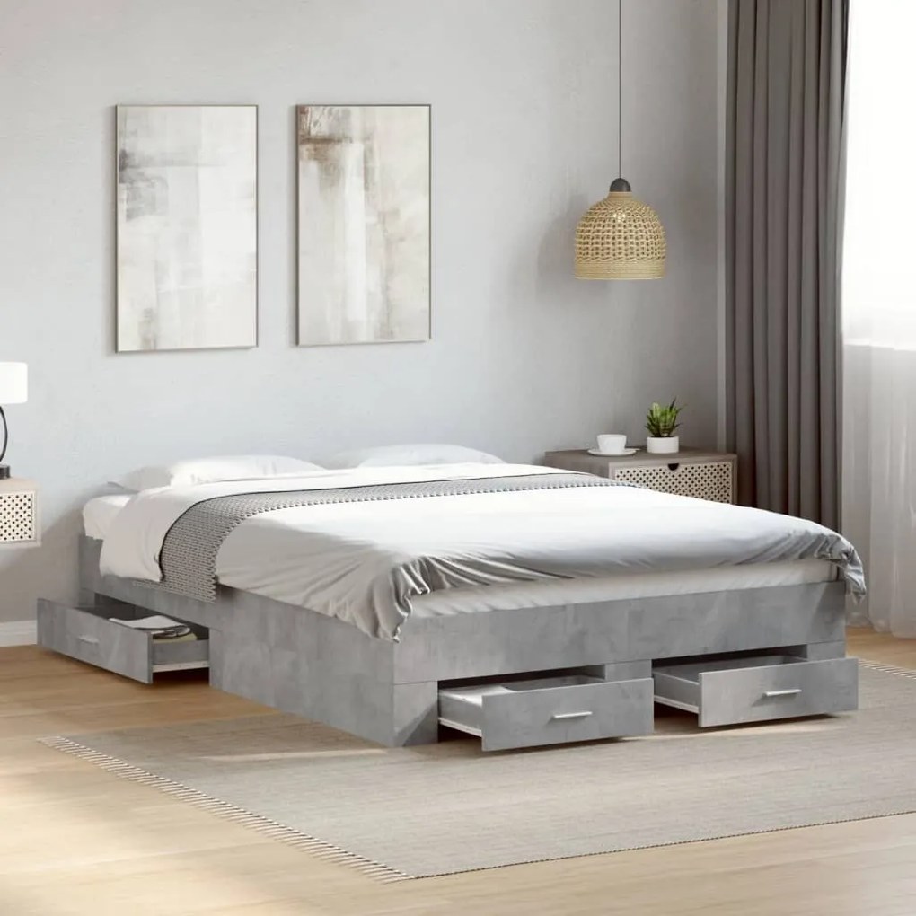 vidaXL Cadru de pat cu sertare, gri beton, 120x190 cm, lemn prelucrat