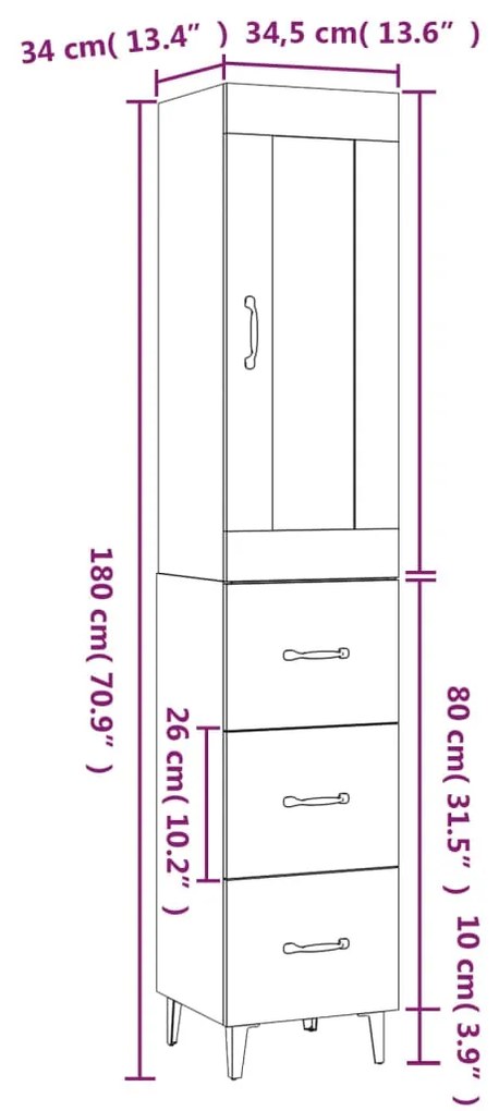 Dulap inalt, alb, 34,5x34x180 cm, lemn prelucrat