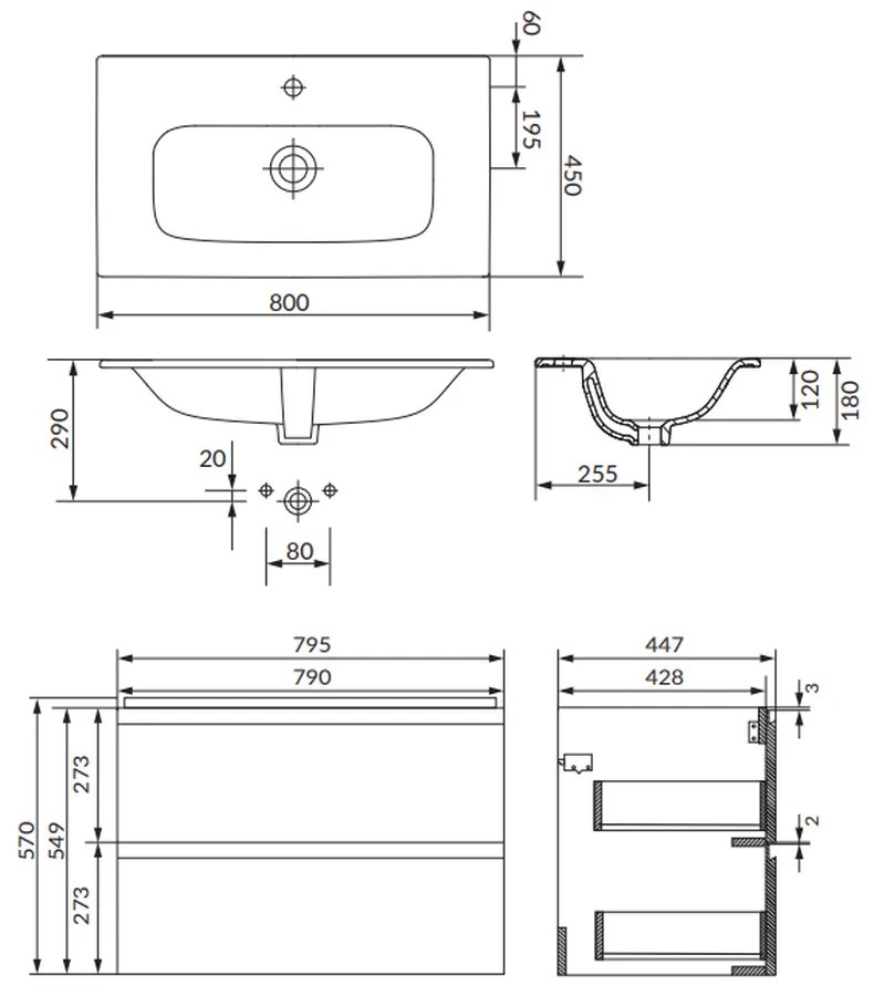 Set dulap baie suspendat 2 sertare cu lavoar Cersanit Moduo inclus, 80 cm, antracit mat, B891, montat