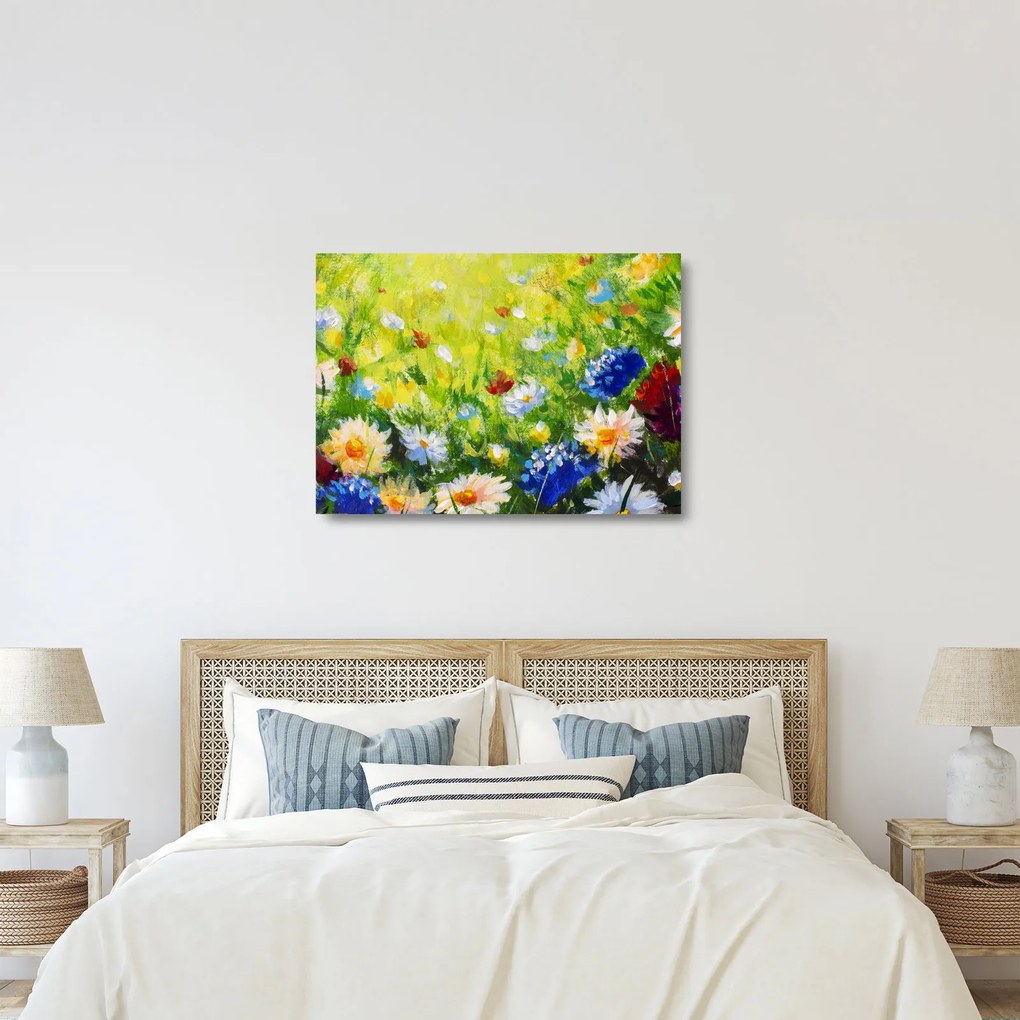 Tablou pe sticlă - Pictură în ulei, pajiște înflorită (70x50 cm)