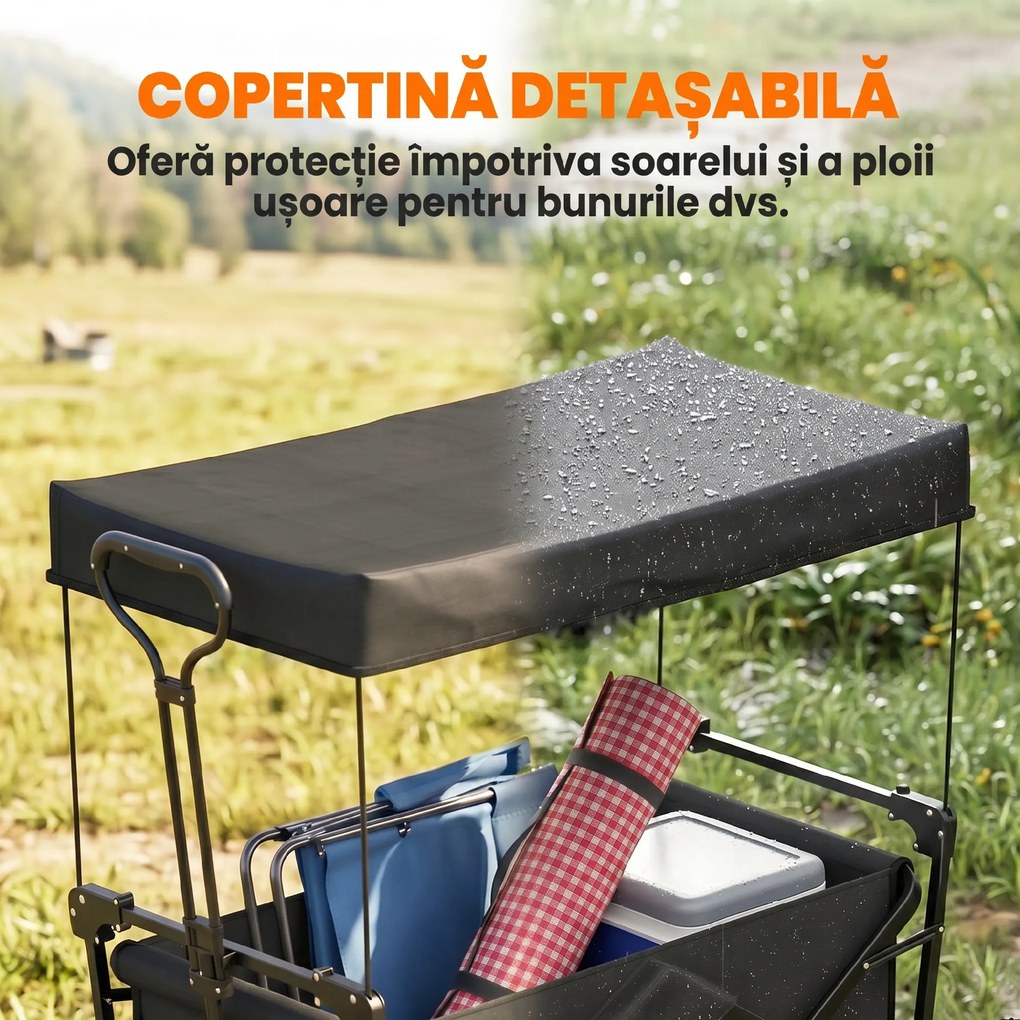 Outsunny Cărucior Pliabil de Exterior cu Copertină Detașabilă, Rezistent pentru Grădină și Camping, cu Maner Telescopic | Aosom Romania