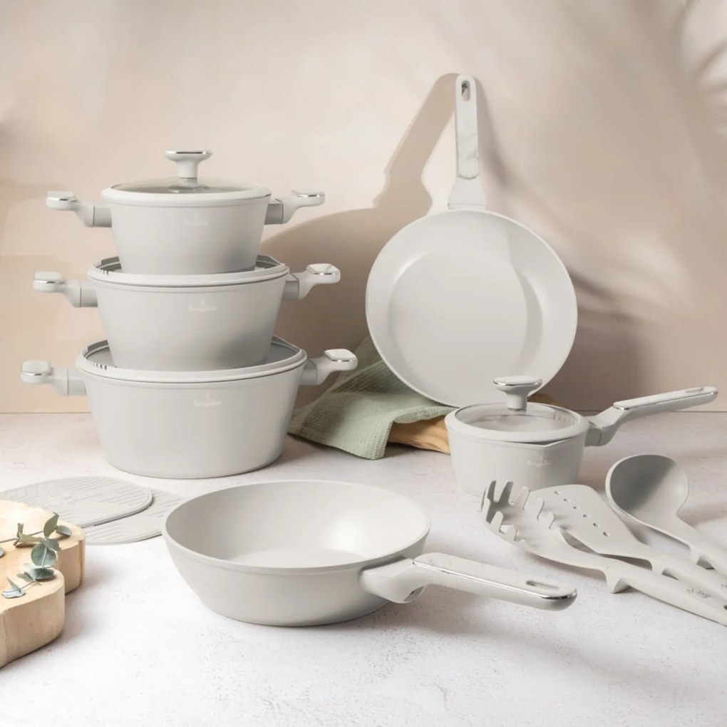 Set oale si tigai cu capace 15 piese Sahara Marble Berlinger Haus BH8401, crem, antiaderente, compatibile inductie