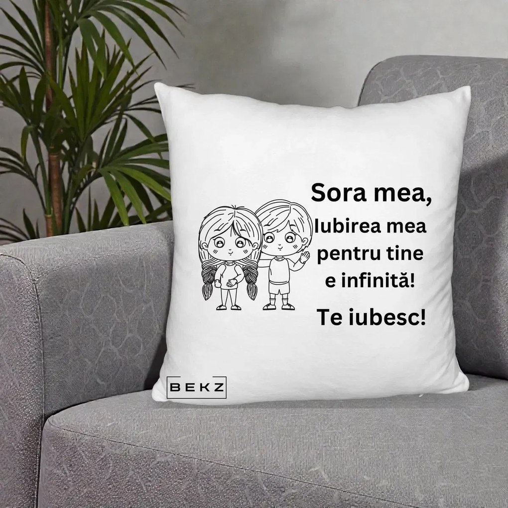 Cadou pentru Sora - Perna Personalizata Sora Mea Te Iubesc Copii Anime Line Art, 40x40 cm, Alb Pufos, Husa Detasabila, Perna Inclusa, BEKZ®