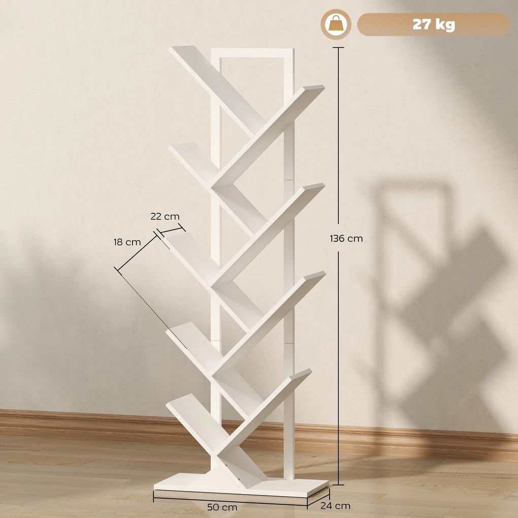 HOMCOM Etajeră în Formă de Copac cu 9 Rafturi și Sistem Antivârf pentru Sufragerie Dormitor 50x24x136 cm Alb | Aosom Romania