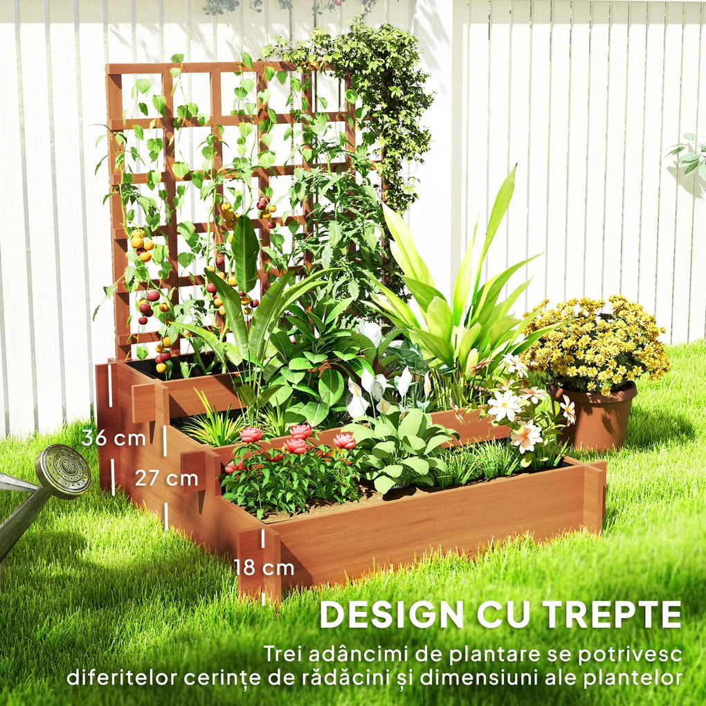 Outsunny Jardinieră cu 3 Niveluri și Grilaj pentru Plante Cățărătoare, Straturi Ridicate din Lemn, 95x95x110cm, Natural | Aosom Romania