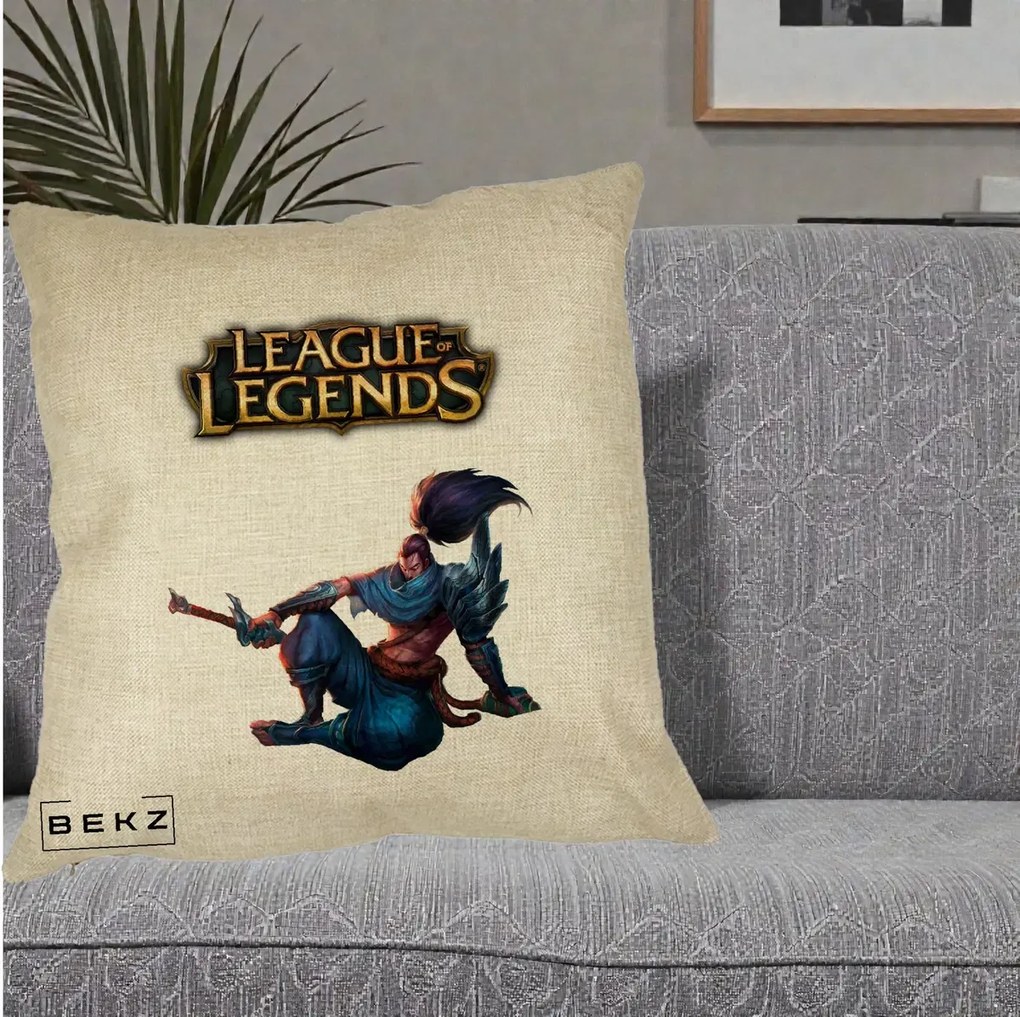 Perna Personalizata League of Legends Yasuo, 40x40 cm, Crem, Husa Detasabila, Perna Inclusa, BEKZ®
