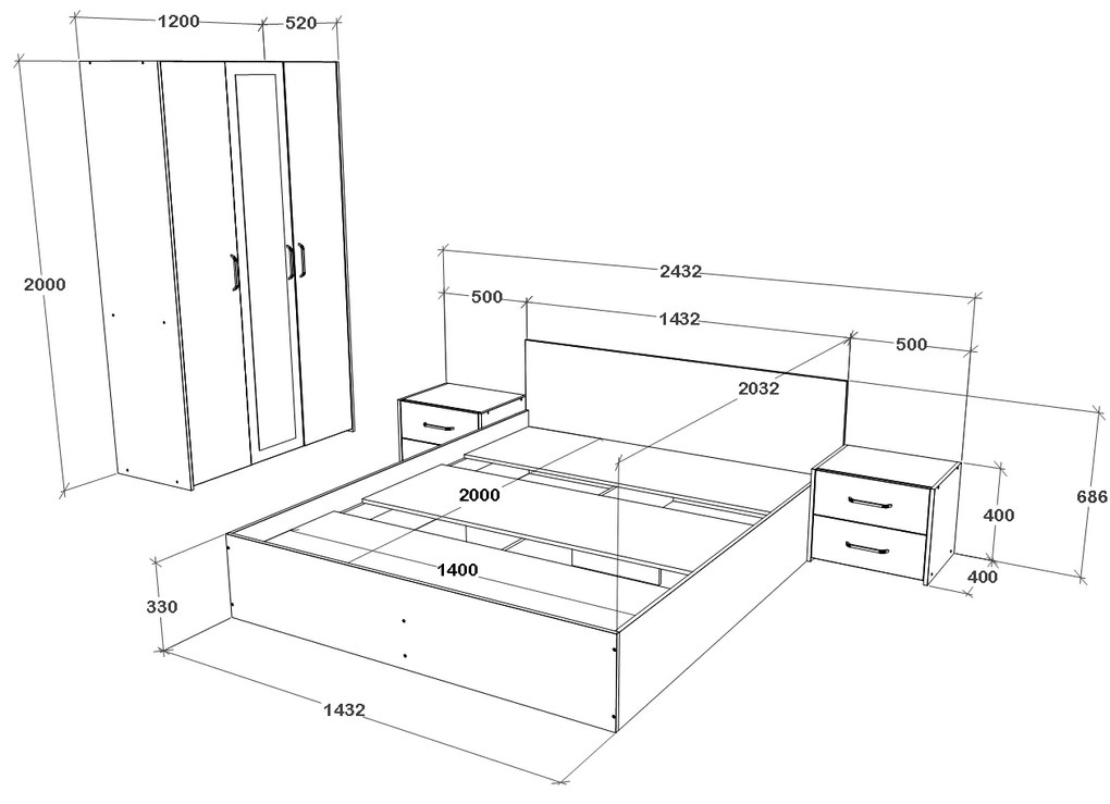 Set dormitor Malmo V3, Pat 200 x 140 cm, Stejar Alb/Antracit