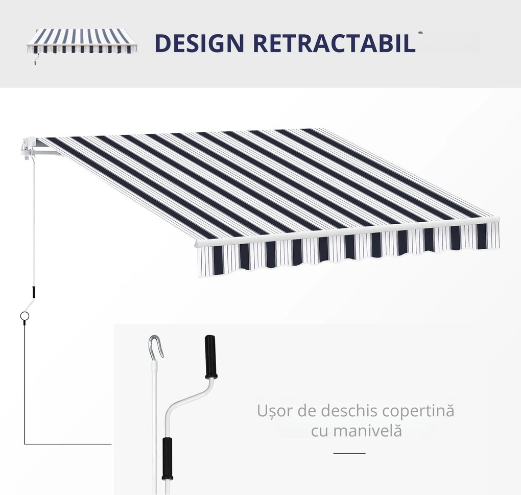Outsunny Perdea Soare Rulou Exterior Manual cu Dungi Albastru și Alb pentru Terasă și Balcon 2.5x2m | Aosom Romania
