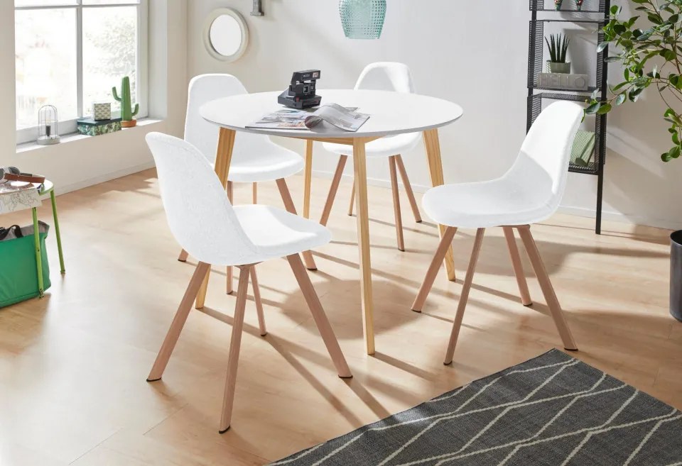 Set de living Veneto / Cody masa + 4 scaune, MDF/tesatura, alb, diamentru 105 cm