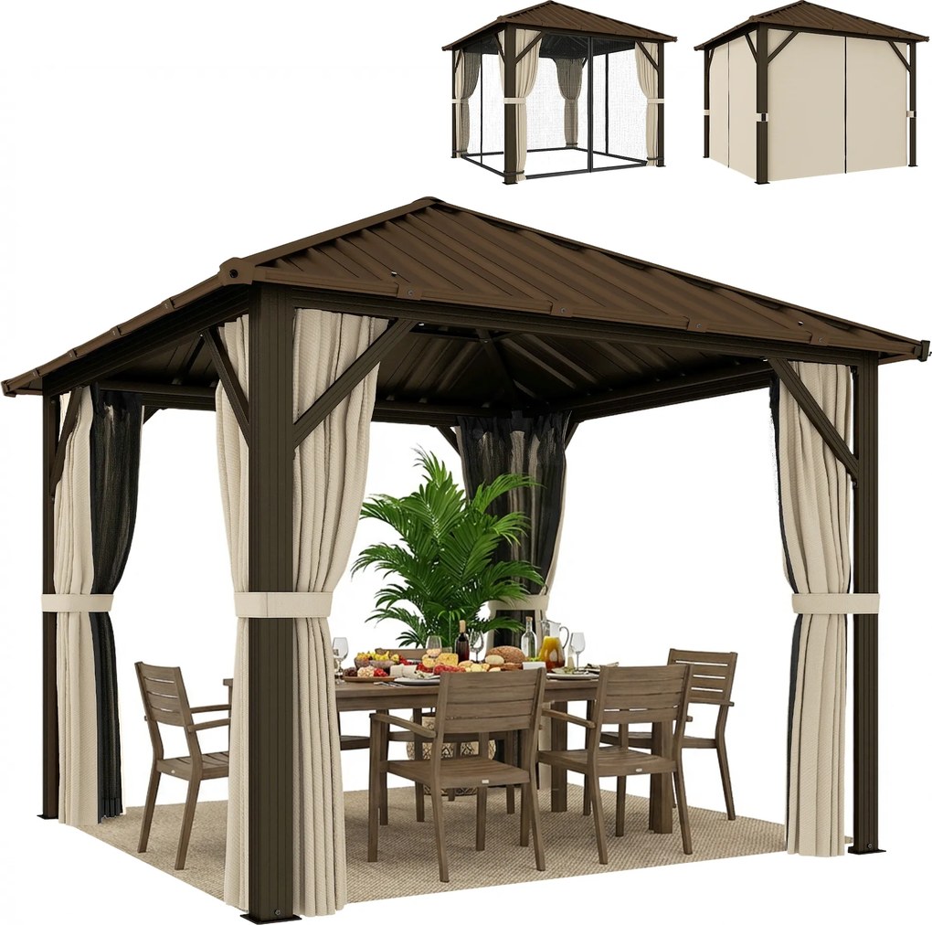 Outsunny Pavilion de grădină aprox. 3 x 3 m pavilion din aluminiu cu acoperiș din oțel Hardtop plasă anti-țânțari 4 părți, UPF50+ | Aosom Romania