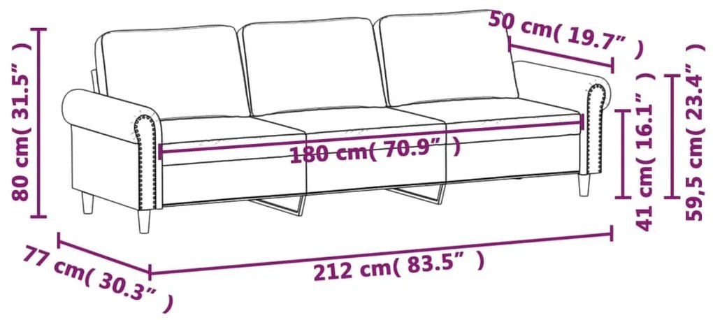 Canapea cu 3 locuri, negru, 180 cm, piele ecologica Negru, 212 x 77 x 80 cm