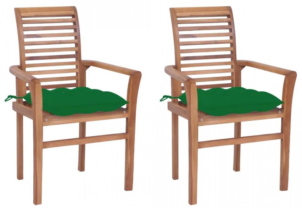 Scaune de masă cu perne verde, 2 buc., lemn masiv tec