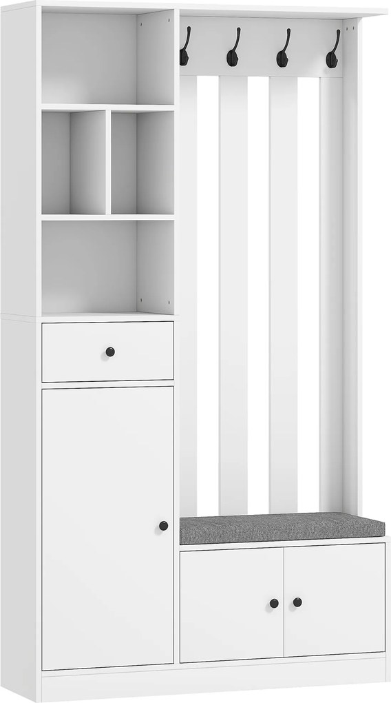 HOMCOM Dulap pentru hol 180 cm cu suport pentru haine, bancă pentru încălțăminte, 4 cârlige, polițe deschise, MDF, Alb | Aosom Romania