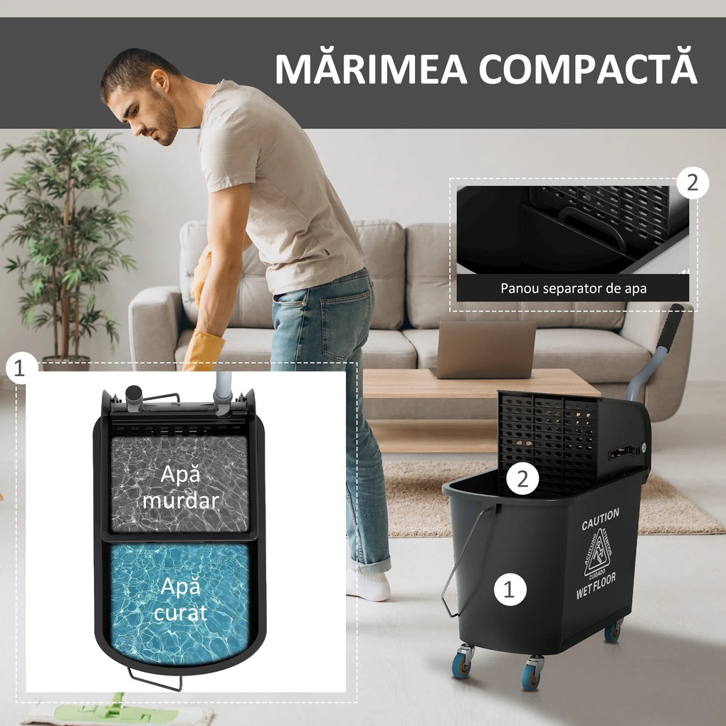 HOMCOM Cărucior Profesional pentru Curățenie cu Găleată pentru Mop de 20L, 60x27x70,5 cm, Negru | Aosom Romania