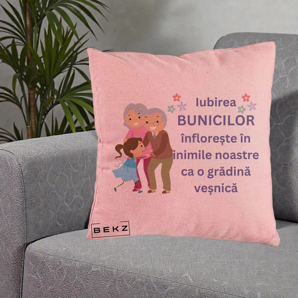 Cadou pentru Bunici - Perna Personalizata Bunicii Iubirea Infloreste Bunici cu Nepoata Colorat, 40x40 cm, Roz, Husa Detasabila, Perna Inclusa, BEKZ®