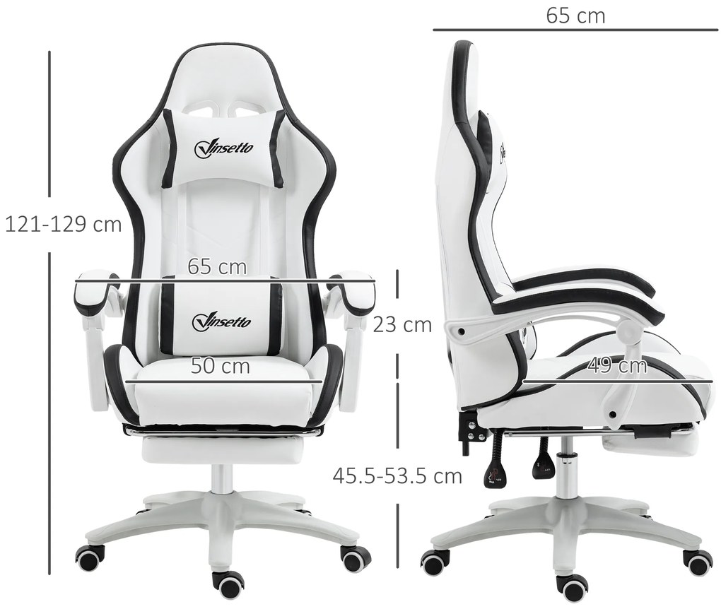Vinsetto Scaun gaming scaun gaming cu spătar inclinabil la 135°, suport pentru cap și repose-pieds 65l x 65L x 121-129H cm alb și negru | Aosom Romania