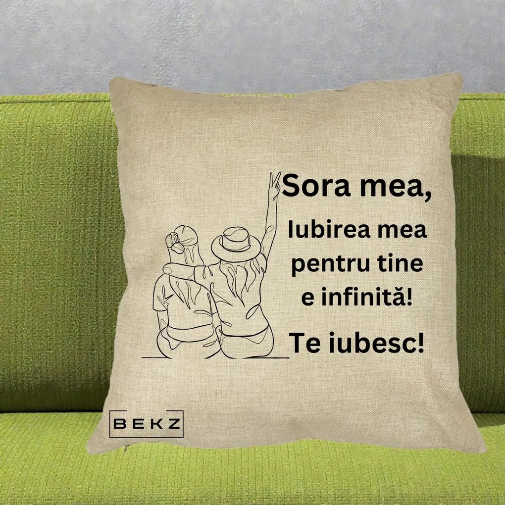 Cadou pentru Sora - Perna Personalizata Sora Mea Te Iubesc Line Art Portrete Colorate, 40x40 cm, Crem, Husa Detasabila, Perna Inclusa, BEKZ®