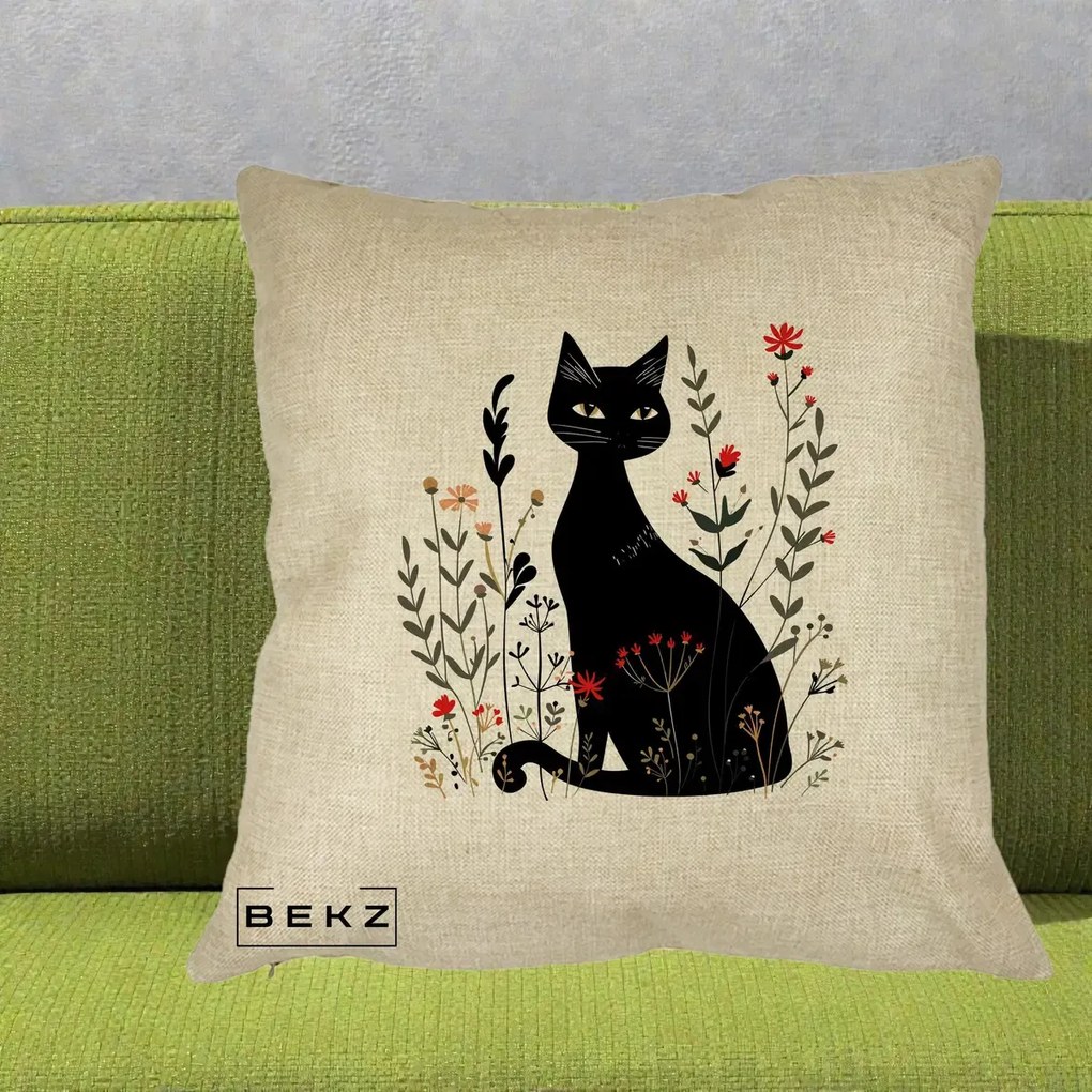 Perna Decorativa Pisica Neagra Botanica Rosu-Gri, 40x40 cm, Crem, Husa Detasabila, Perna Inclusa, BEKZ®