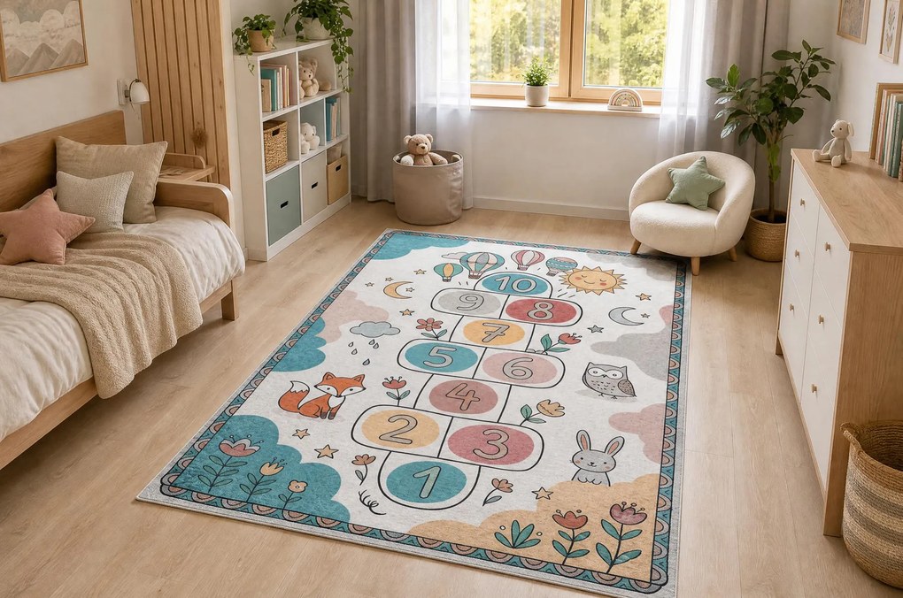 BAMBINO 61440 covor lavabil Grădină hopscotch, baloane, numere pentru copii anti-alunecare - crem / verde