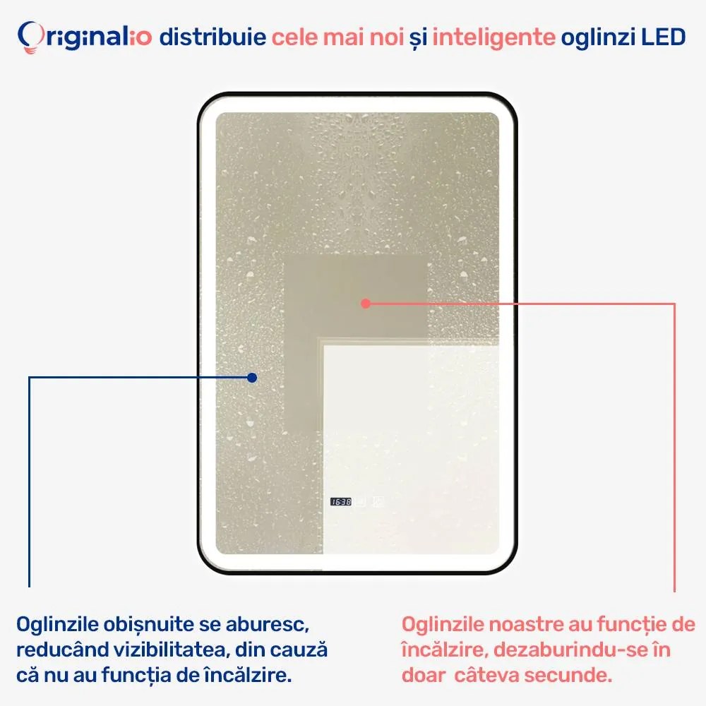 Oglindă LED Dreptunghiulară (60x90 cm), 3 Moduri Iluminare (Lumină Rece, Naturală, Caldă), Intensitate Reglabilă, Funcție Dezaburire, Ceas (Timer) și Termometru, Ramă Aluminiu, Control Tactil (Touch)