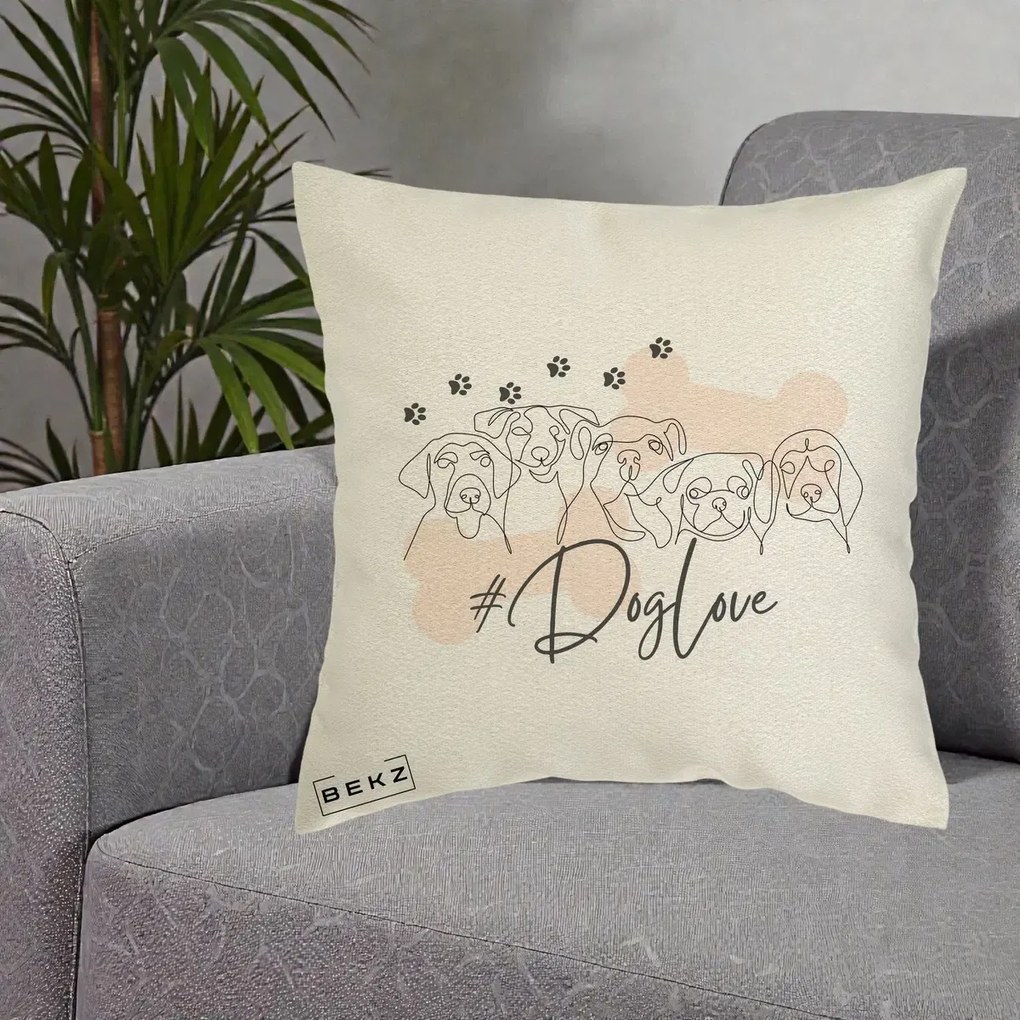 Perna Personalizata Dog Love Linie Minimalista, 40x40 cm, Ecru, Husa Detasabila, Perna Inclusa, BEKZ®