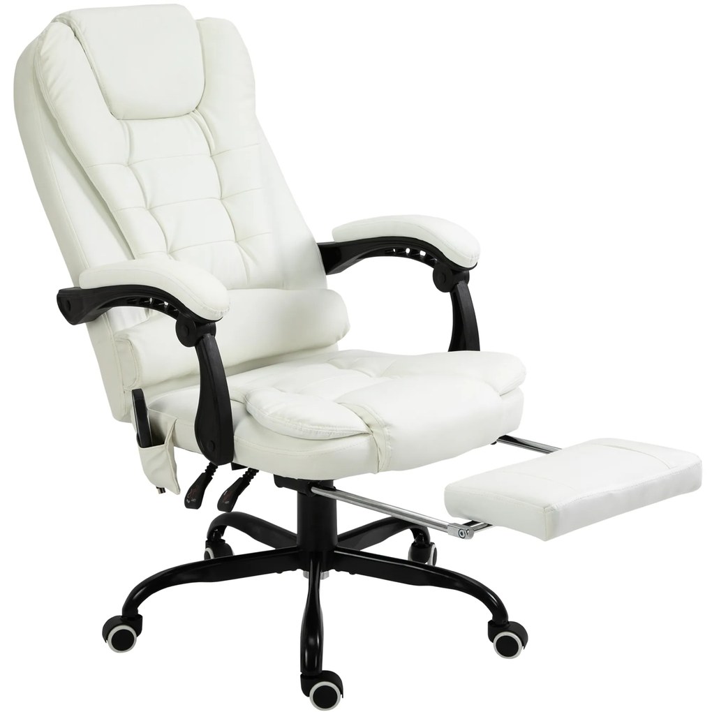 Vinsetto Scaun de birou de masaj, scaun de birou, scaun ergonomic cu înălțime reglabilă, spătar inclinabil și telecomandă cu fir, suport pentru picioare retractabil și pivotant la 360°, alb | Aosom Romania