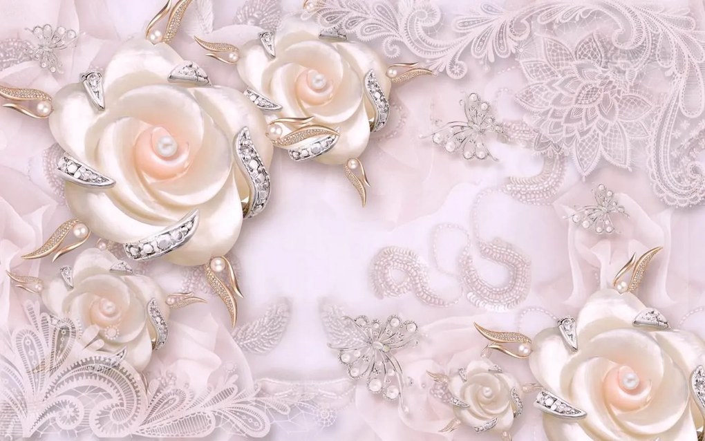 Fototapet 3D, Trandafiri pe un fundal roz cu fluturi Art.05292