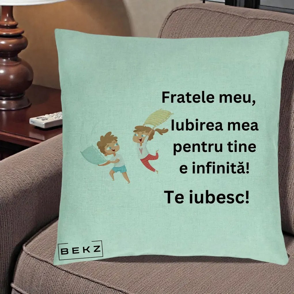 Cadou pentru Frate - Perna Personalizata Fratele Meu Te Iubesc Copii Batalie Perne, 40x40 cm, Verde Menta, Husa Detasabila, Perna Inclusa, BEKZ®