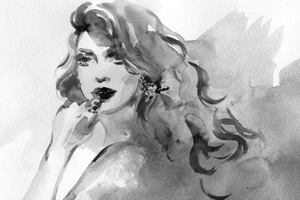Tablou portretul feminin în acuarelă în design alb-negru