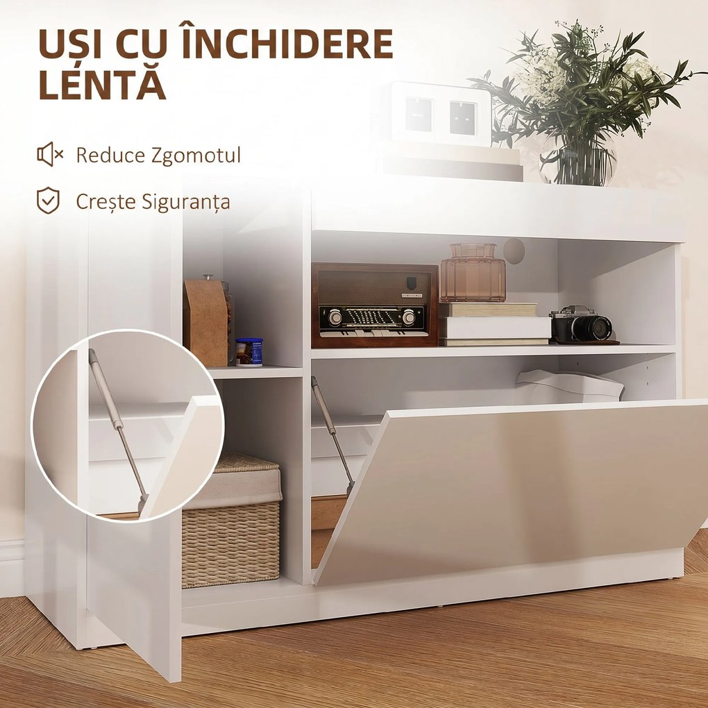 HOMCOM Bufet de Bucătărie cu Uși Amortizate, 2 Dulapuri, Raft Deschis, și 2 orificii pentru cabluri, 120x40x75 cm, Alb | Aosom Romania