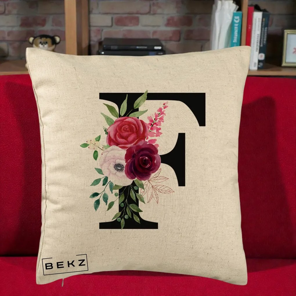 Cadou Personalizat - Perna Personalizata Monograma Florala Litera F, 40x40 cm, Bej, Husa Detasabila, Perna Inclusa, BEKZ®