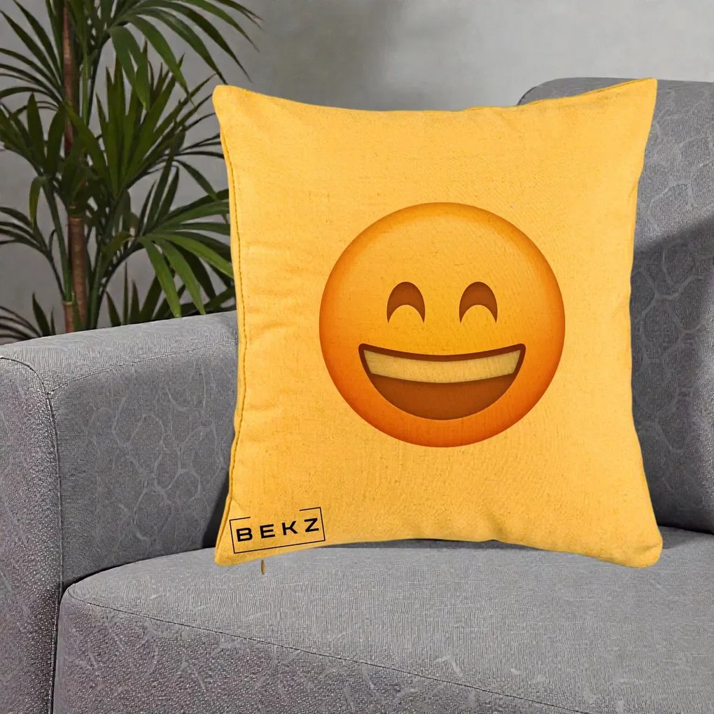 Perna Decorativa Emoji Zambet Mare, 40x40 cm, Galben, Husa Detasabila, Perna Inclusa, BEKZ®