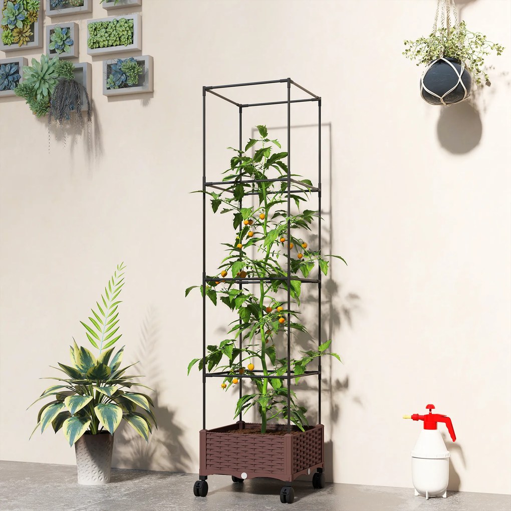 Outsunny Jardinieră Înălțată cu Spalier 20L, Pat de Grădină Înălțat pentru Exterior cu Roți Blocabile, Sistem de Autoirigare, Orificii de Drenaj pentru Plante Cățărătoare, Legume și Flori, Maro | Aosom Romania