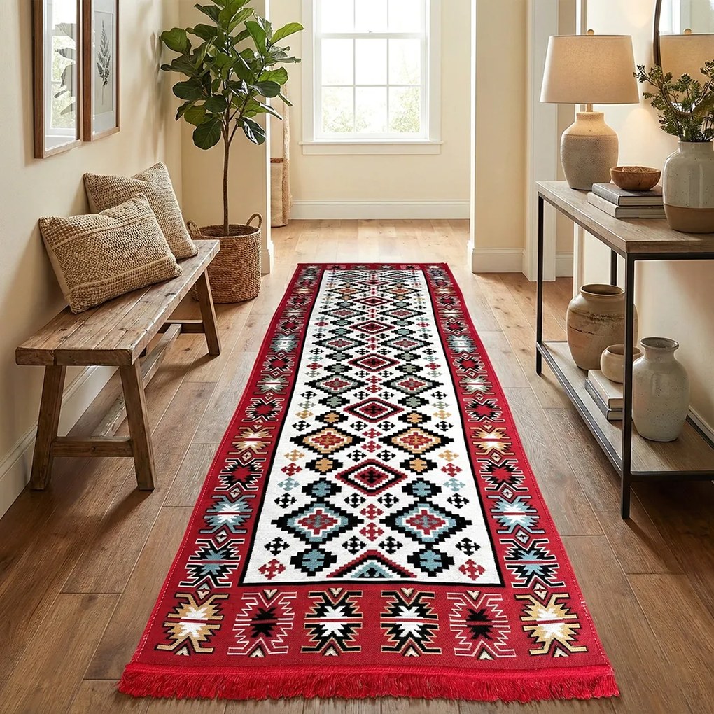 Traversa hol tesuta traditional, 80x300 cm, 2 fete, geometric, rosu