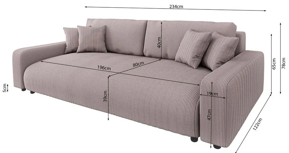 Canapea roz-deschis extensibilă, cu spațiu de depozitare, cu tapițerie din catifea reiată 234 cm Sara – Ropez