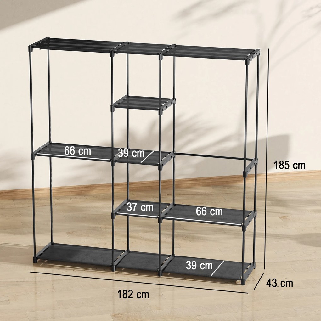 HOMCOM Dulap Garderobă din Material Textil cu 8 Rafturi și 3 Bare pentru Agățat, 182x43x185 cm, Negru | Aosom Romania