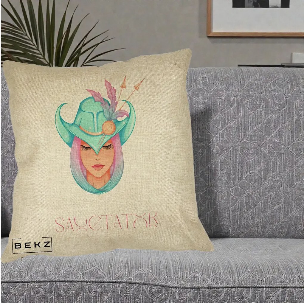 Perna Personalizata Zodiac Sagetator Cowgirl, 40x40 cm, Crem, Husa Detasabila, Perna Inclusa, BEKZ®