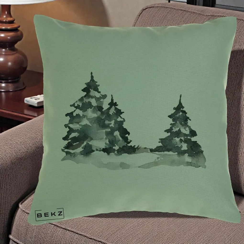 Perna Decorativa Brazi Inzapeziti Acuarela, 40x40 cm, Verde, Husa Detasabila, Perna Inclusa, BEKZ®