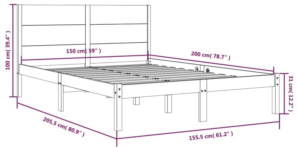 Cadru pat King Size 5FT, negru, 150x200 cm, lemn masiv Negru, 150 x 200 cm