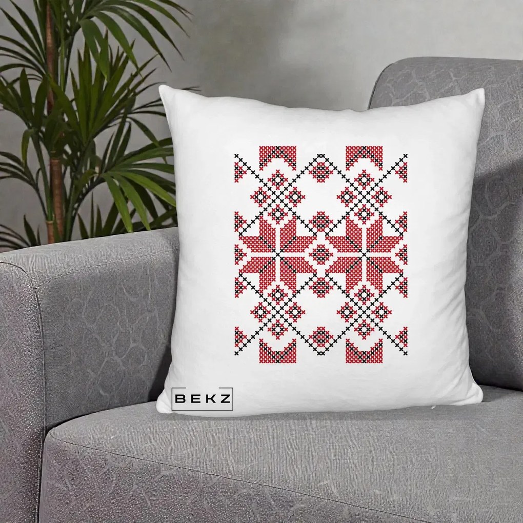 Perna Personalizata Motiv Traditional Cusatura Rosu-Negru, 40x40 cm, Alb Pufos, Husa Detasabila, Perna Inclusa, BEKZ®