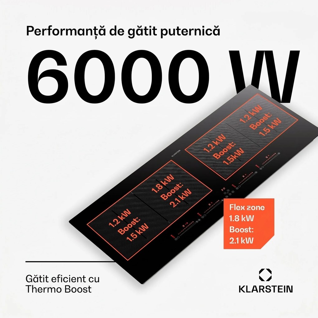 Klarstein Masterzone 90 Slim Flex, plită cu inducție, max. 7200 W, încorporat, 4 zone Flex, tehnologie ThermoBoost, Smart Flex