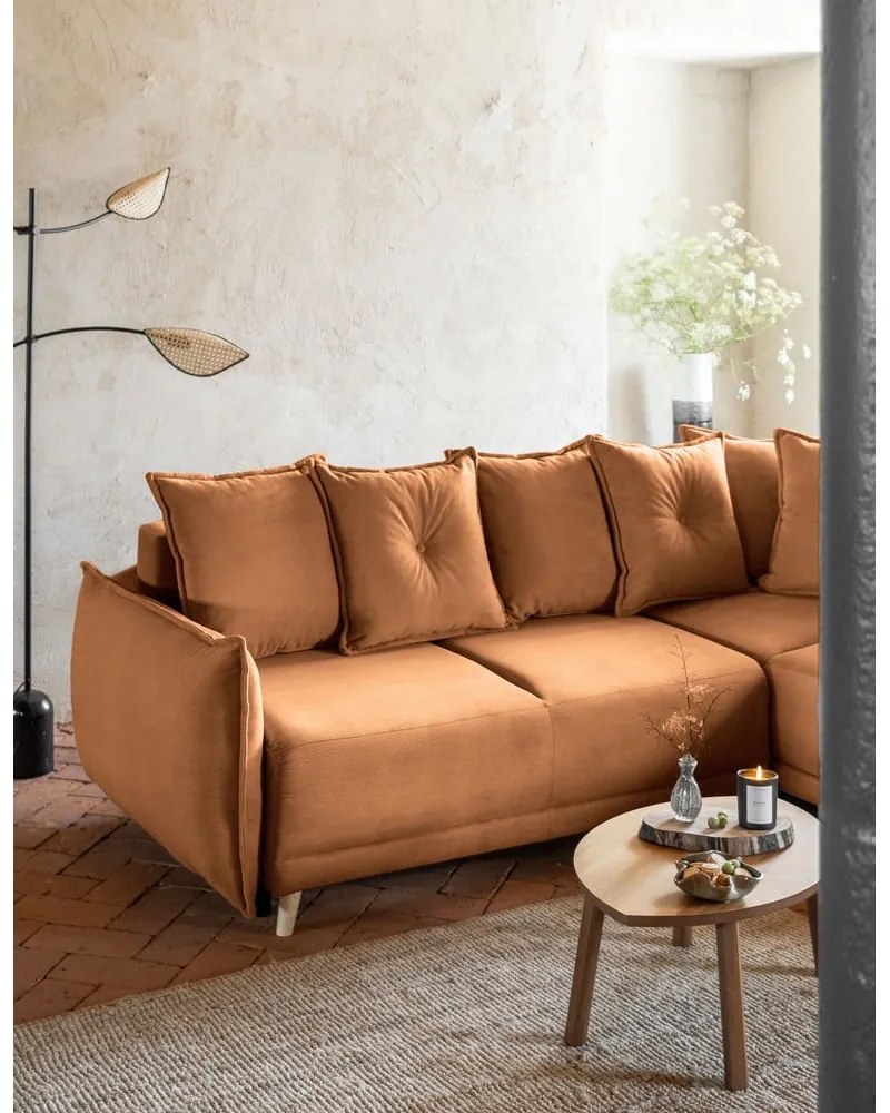 Colțar cărămiziu extensibil cu tapițerie din catifea reiată (colț dreapta) Lazy Lukka – Miuform