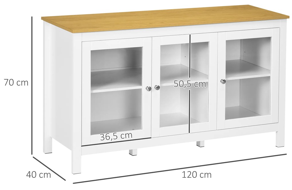 HOMCOM Bufet mobilier de depozitare cu 3 uși din sticlă 2 rafturi reglabile aspect de lemn deschis 120 x 40 x 70 cm alb | Aosom Romania