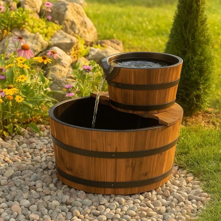 Fântâna de grădină - o fântână cu două găleți din lemn