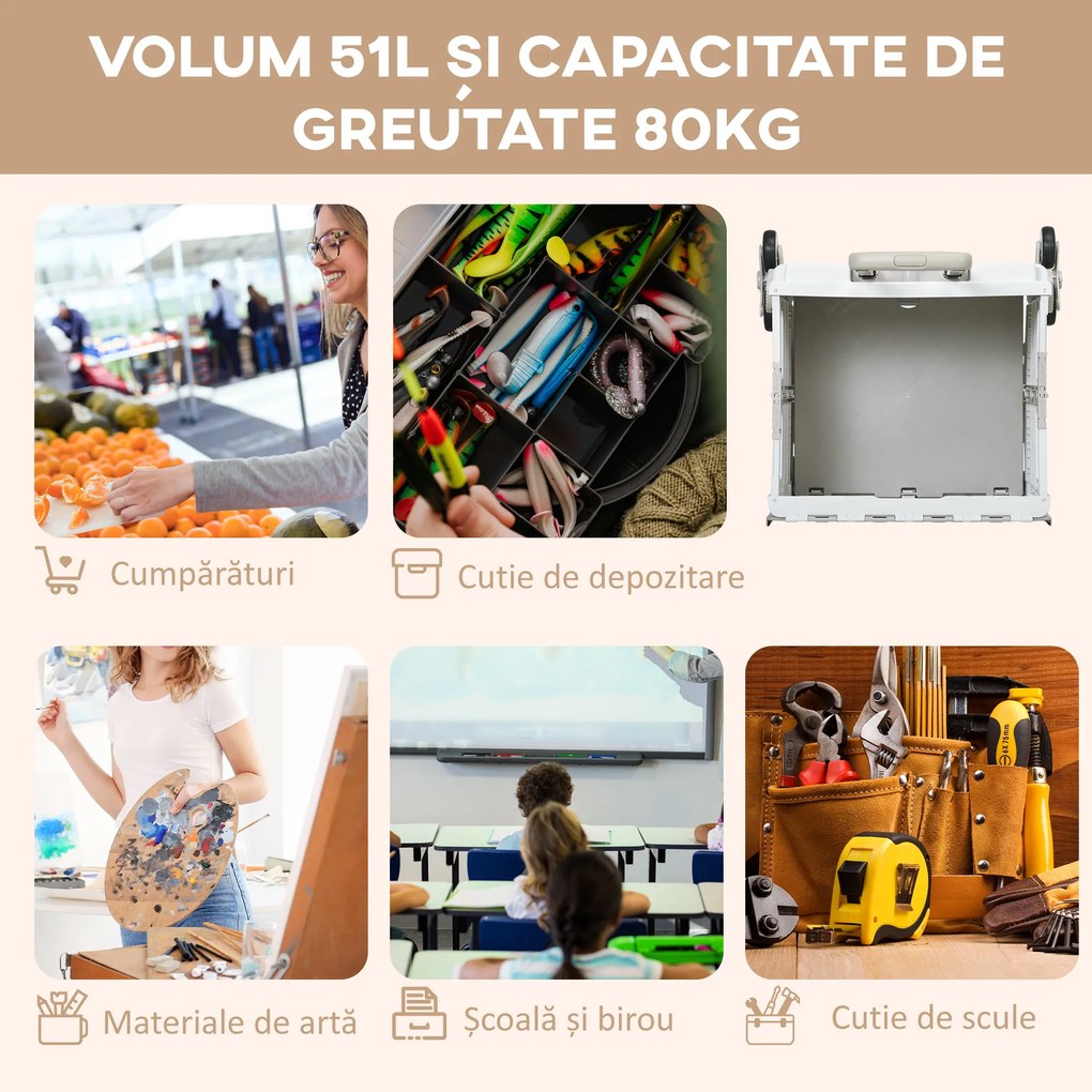 HOMCOM Cărucior Pliabil pentru Cumpărături cu Roți pentru Scări și Mâner Telescopic, Capacitate 80 kg, 51L, Cărucior din Aluminiu pentru Cumpărături și Camping, Alb, 52 x 48 x 100 cm | Aosom Romania