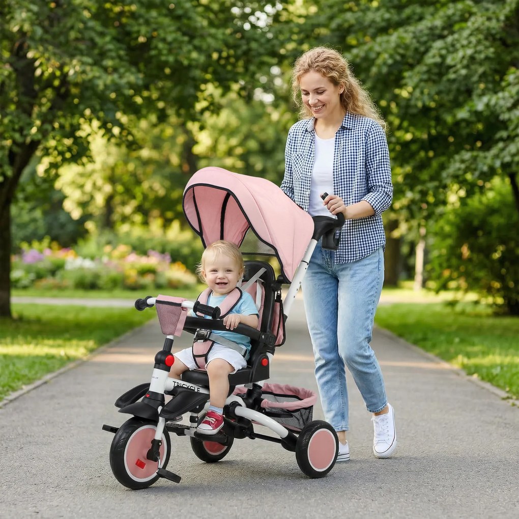 AIYAPLAY Tricicletă 6 în 1 pentru Copii, cu Mâner Parental și Scaun Rotativ, 111,5x52x98 cm, Roz | Aosom Romania