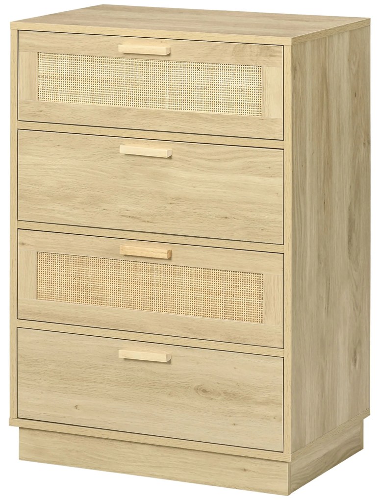 HOMCOM Comoda design boem din ratan cu 4 sertare, mobilier de depozitare pentru living, hol, intrare, lemn natural | Aosom Romania