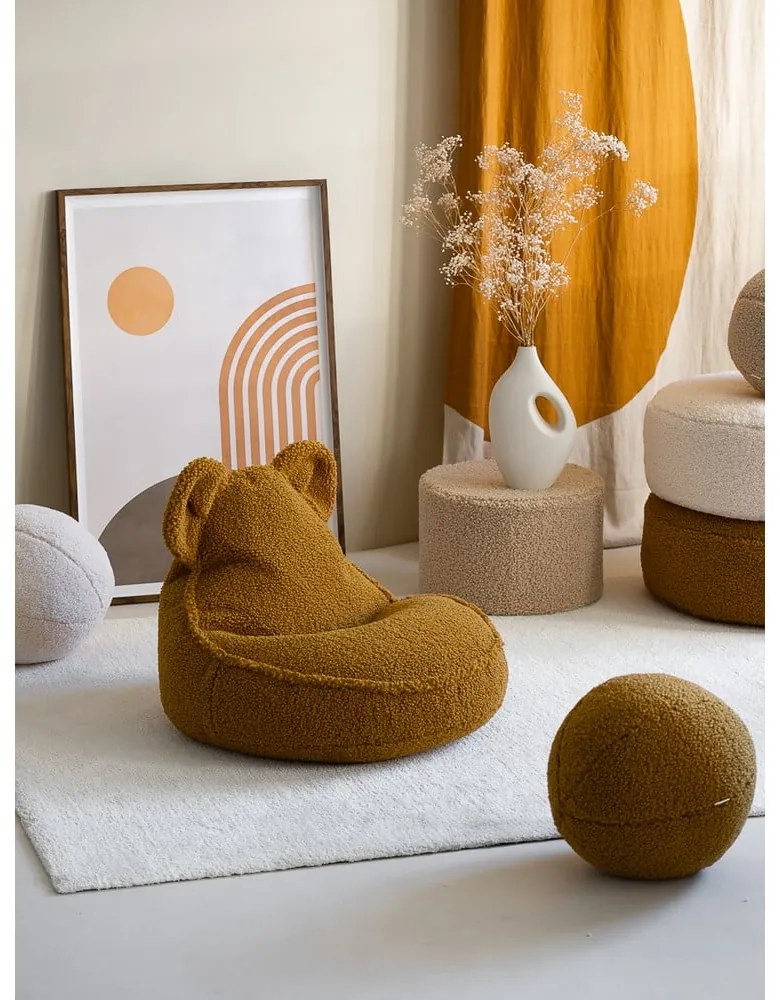 Fotoliu puf pentru copii maro cu tapițerie din țesătură bouclé Bear – Wigiwama