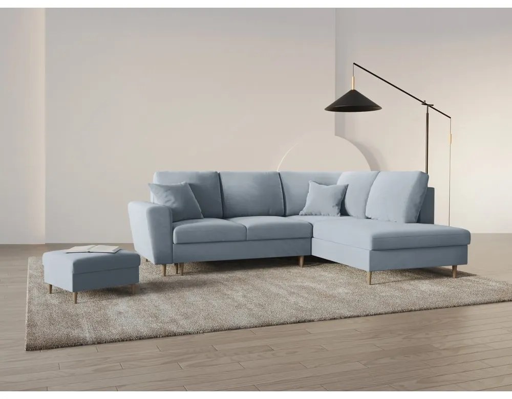 Colțar albastru deschis extensibil, cu spațiu de depozitare cu tapițerie din catifea (cu colț pe partea dreaptă-în formă de ”L”) Kyoto – Cosmopolitan Design