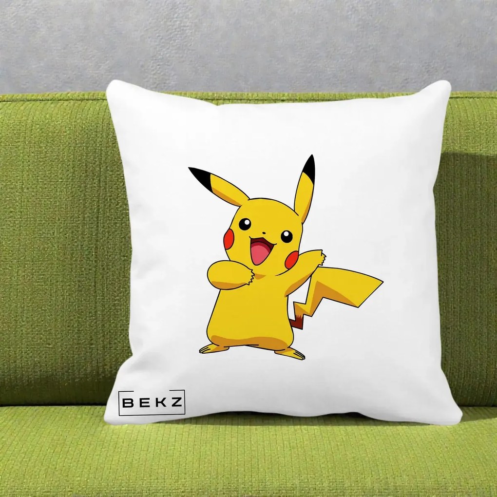Perna Personalizata Pikachu Fericit, 40x40 cm, Alba Mata, Husa Detasabila, Perna Inclusa, BEKZ®